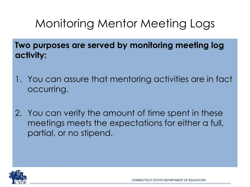 monitoring mentor meeting logs
