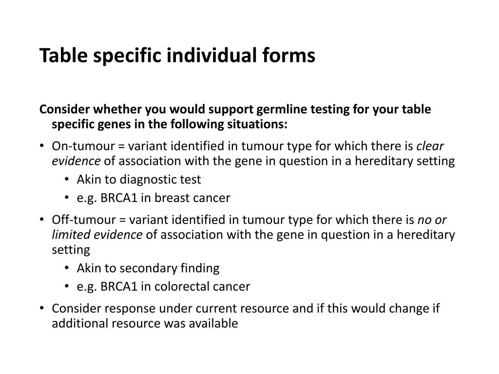 table specific individual forms