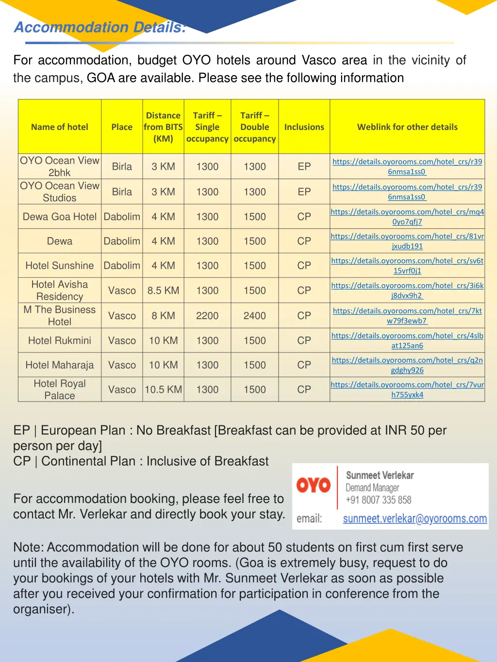 accommodation details