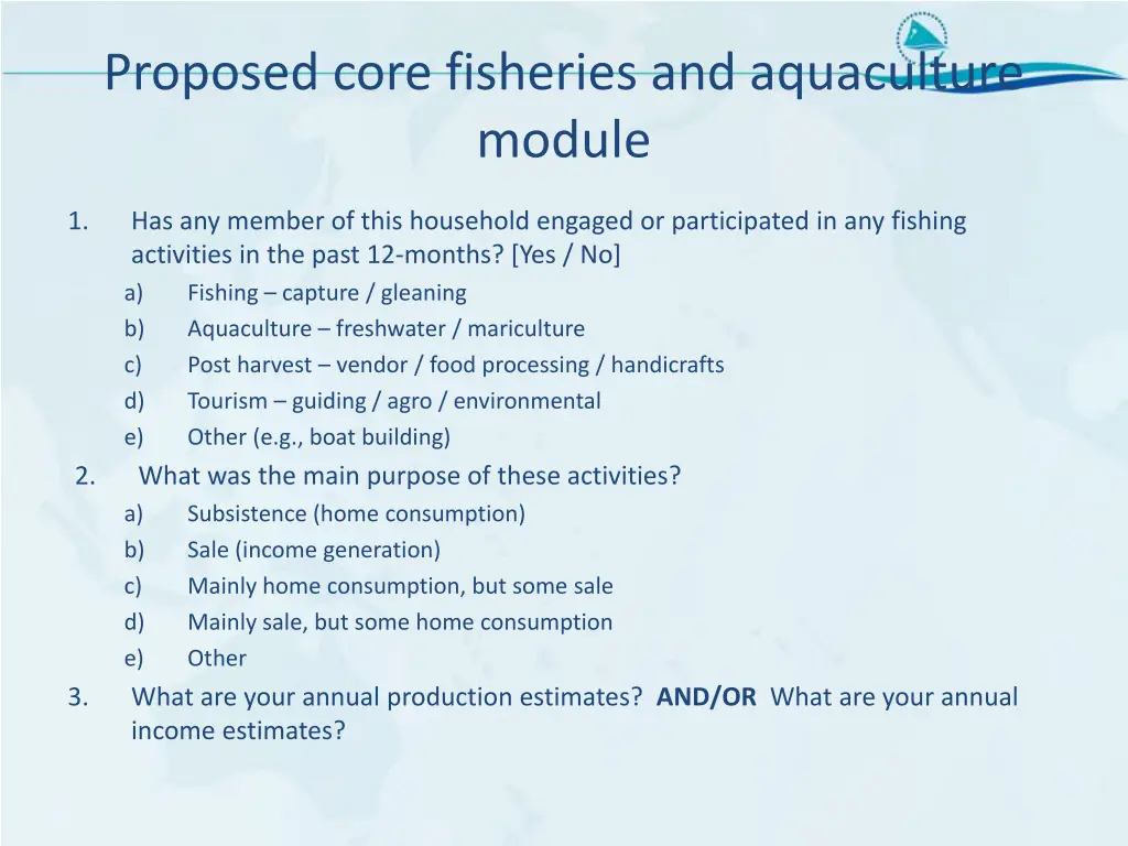 proposed core fisheries and aquaculture module
