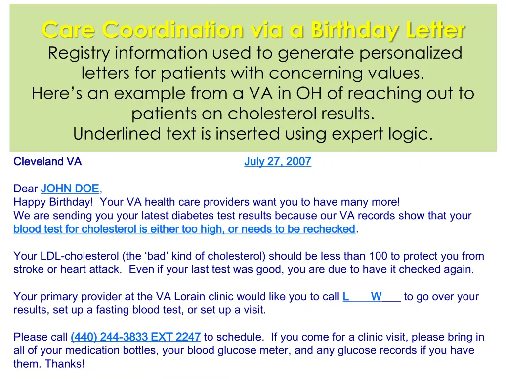 care coordination via a birthday letter registry