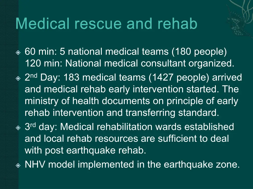 60 min 5 national medical teams 180 people