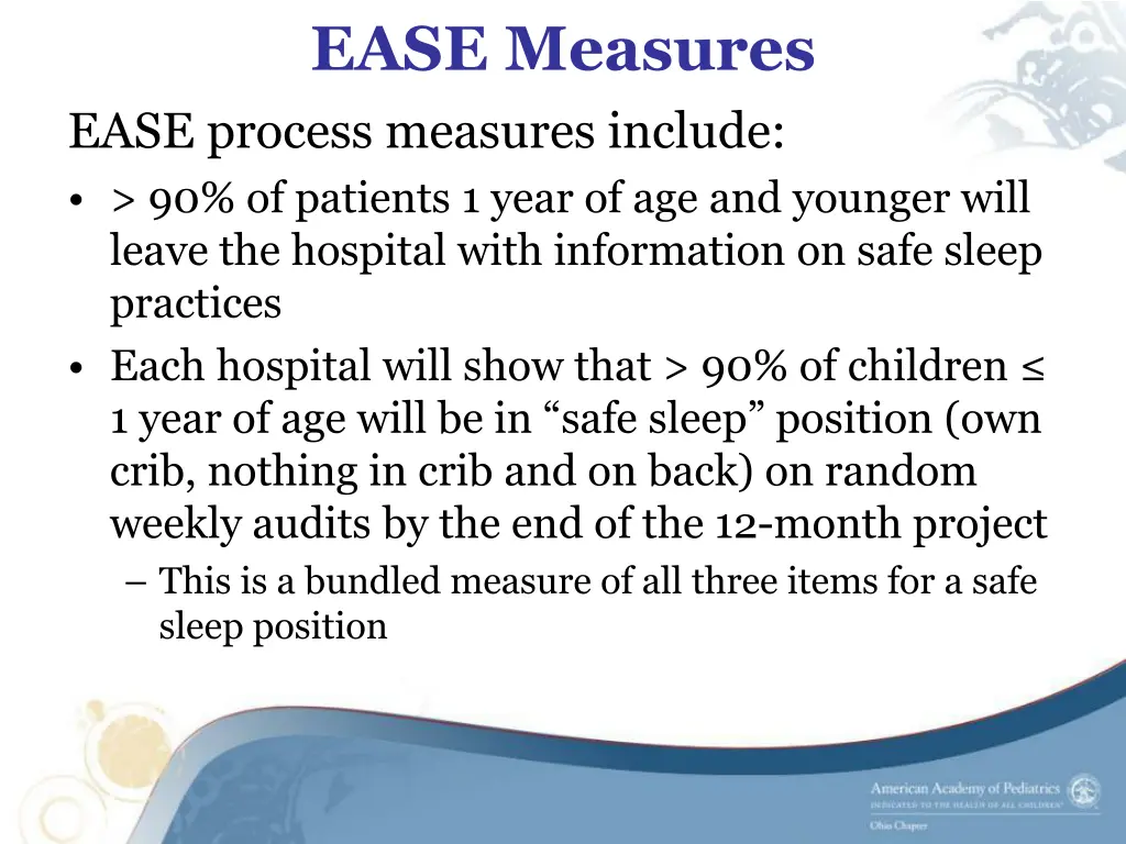 ease measures ease process measures include