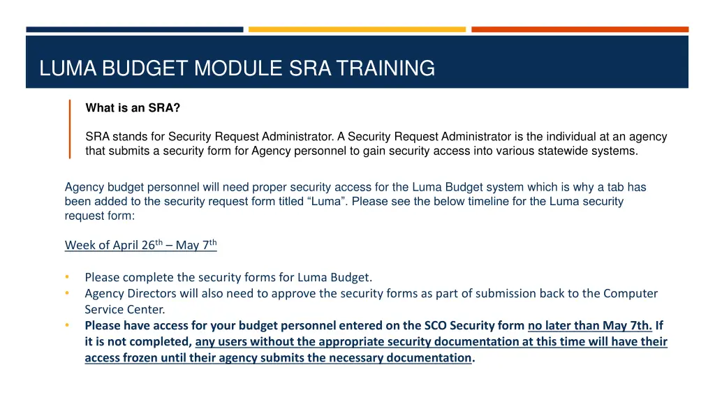 luma budget module sra training