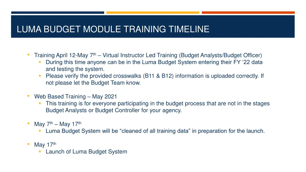 luma budget module training timeline