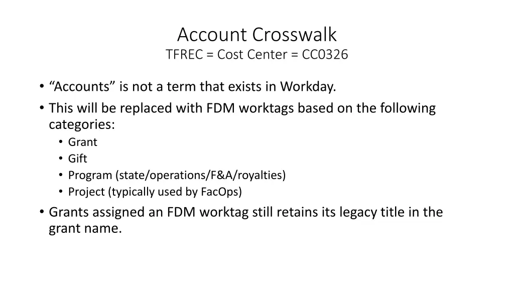 account crosswalk tfrec cost center cc0326