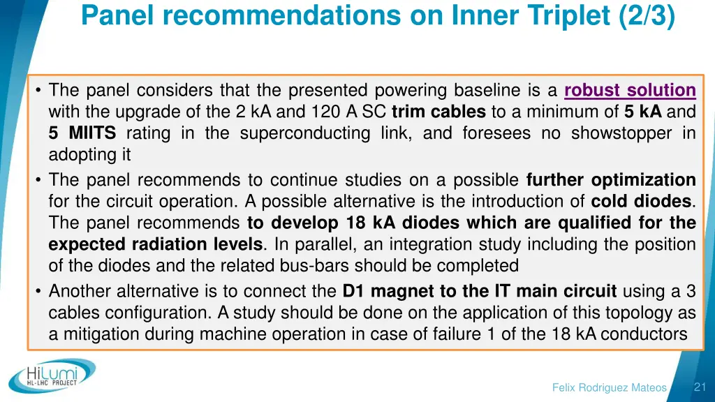 panel recommendations on inner triplet 2 3
