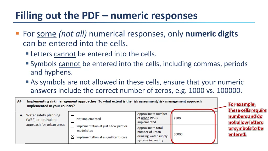filling out the pdf numeric responses
