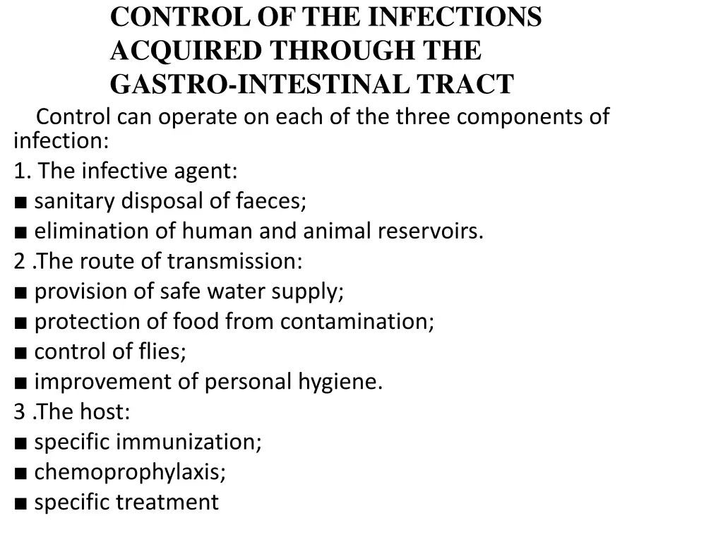 control of the infections acquired through