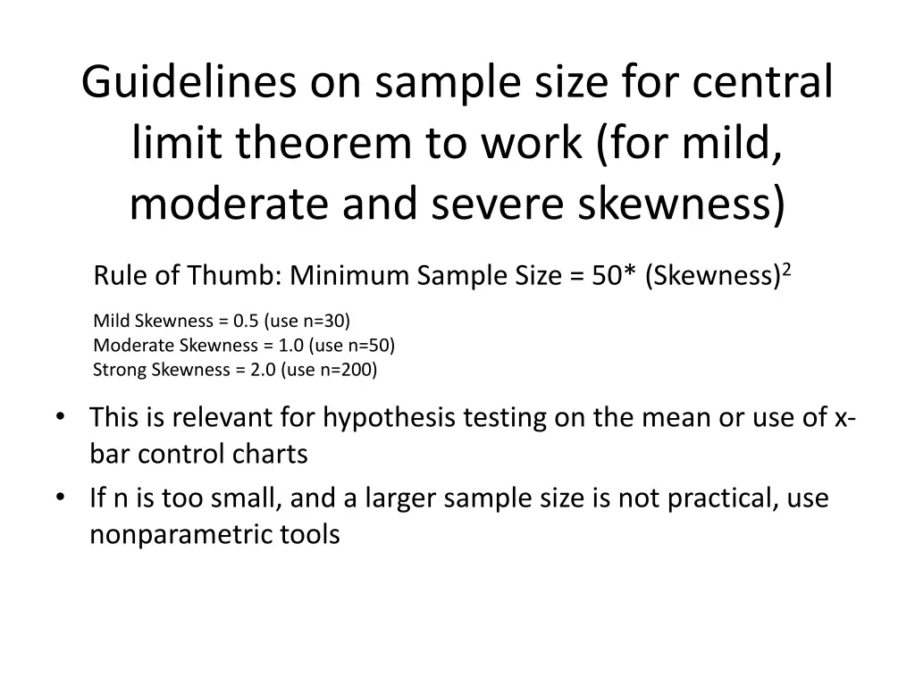 guidelines on sample size for central limit