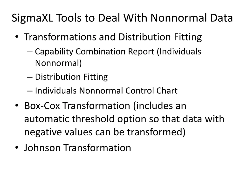 sigmaxl tools to deal with nonnormal data