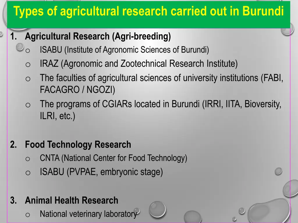 types of agricultural research carried