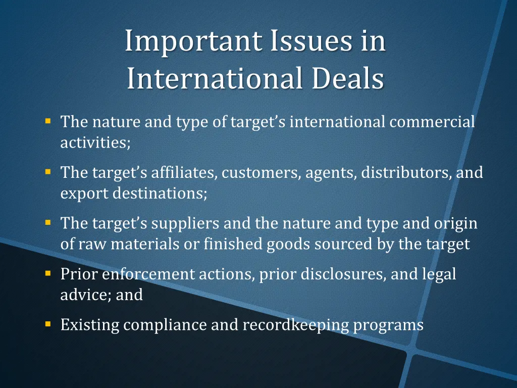 important issues in international deals 1