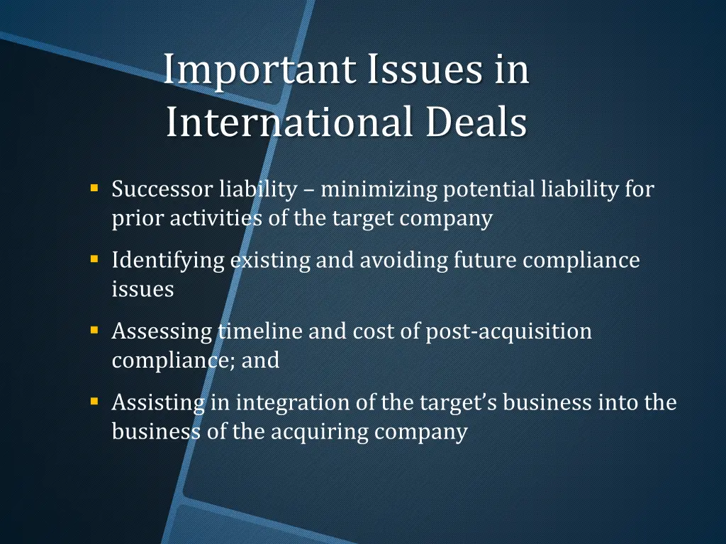 important issues in international deals