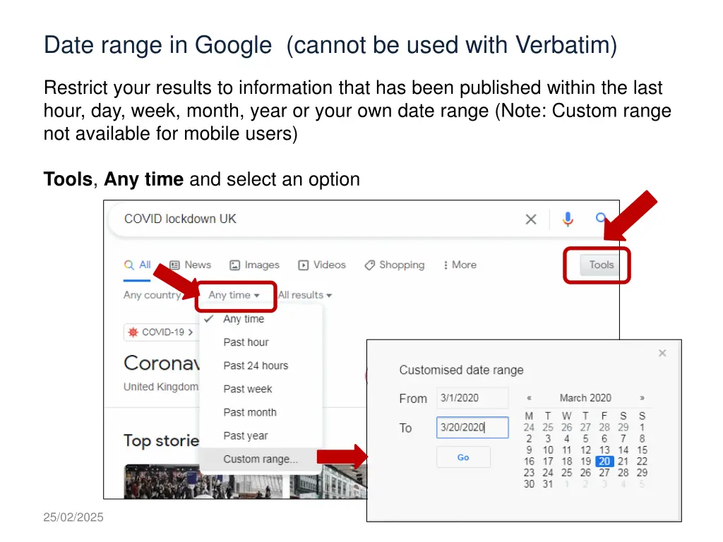 date range in google cannot be used with verbatim