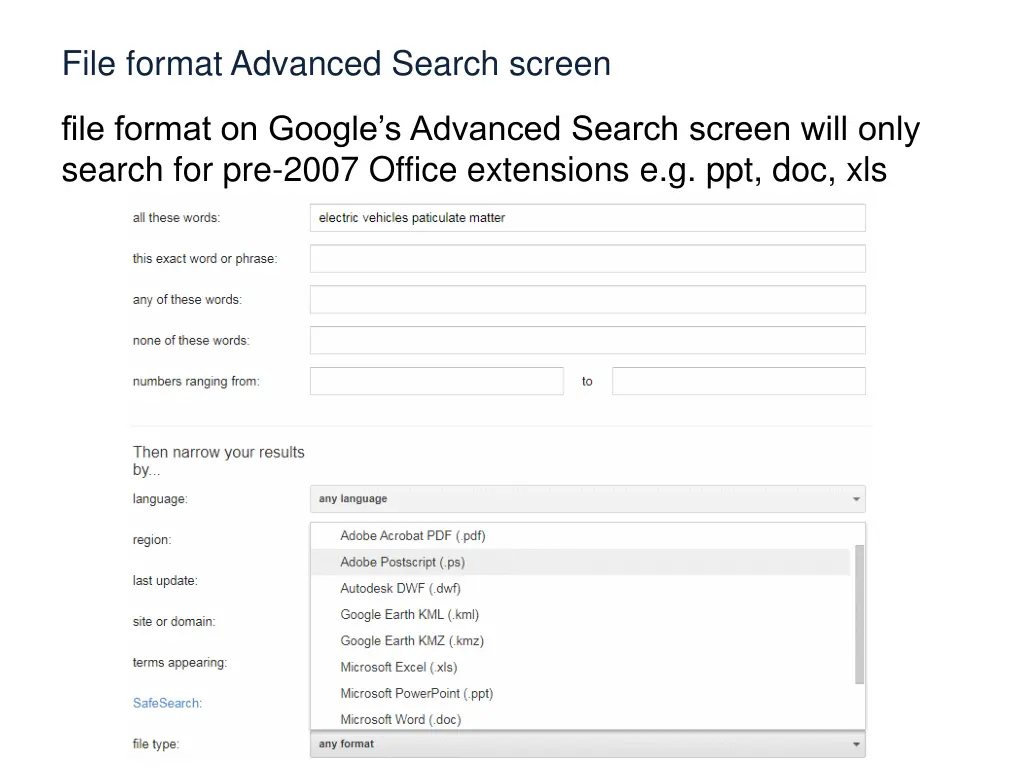 file format advanced search screen