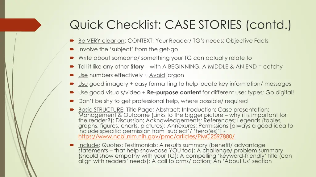 quick checklist case stories contd