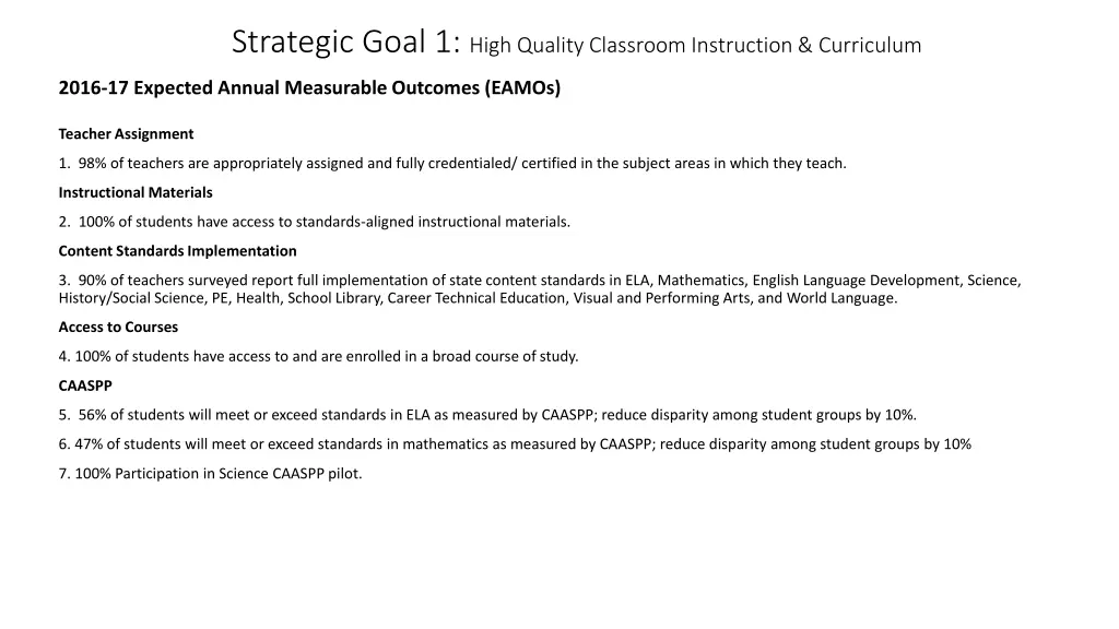 strategic goal 1 high quality classroom