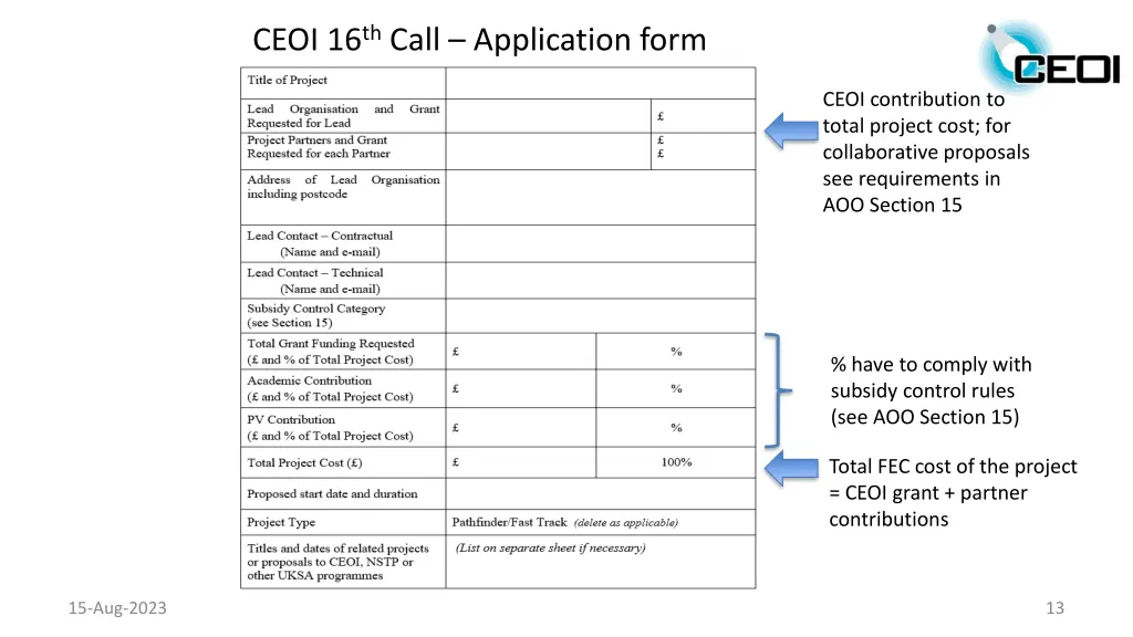ceoi 16 th call application form