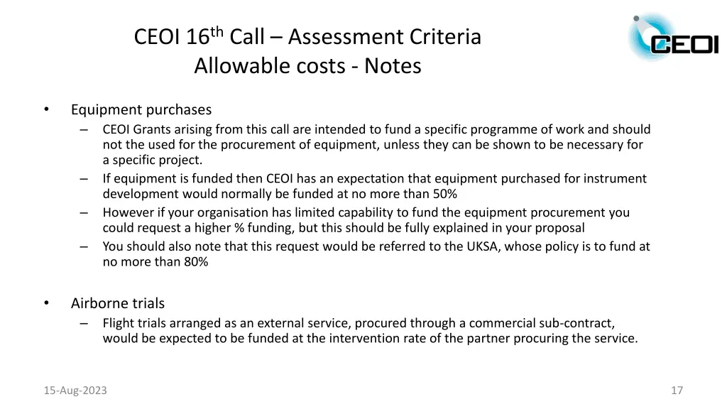 ceoi 16 th call assessment criteria allowable