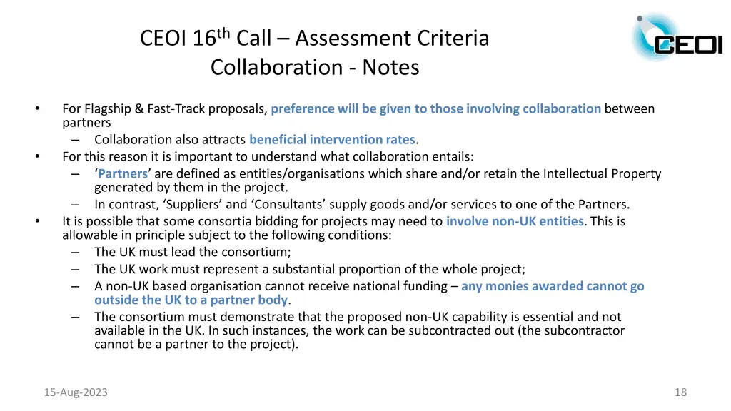 ceoi 16 th call assessment criteria collaboration