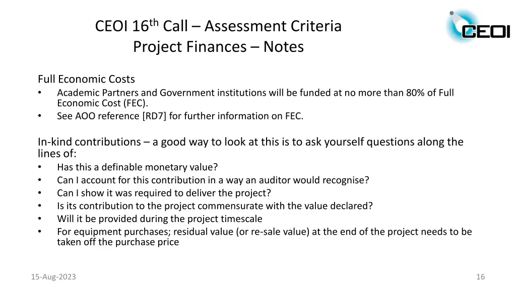 ceoi 16 th call assessment criteria project