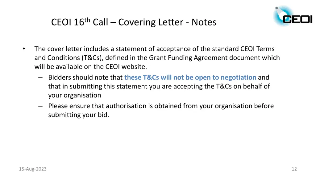 ceoi 16 th call covering letter notes