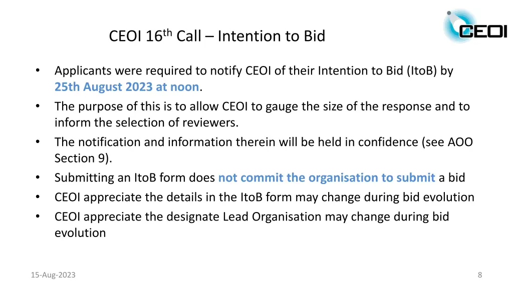 ceoi 16 th call intention to bid