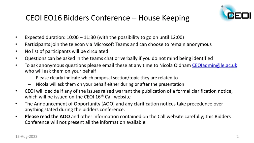 ceoi eo16bidders conference house keeping