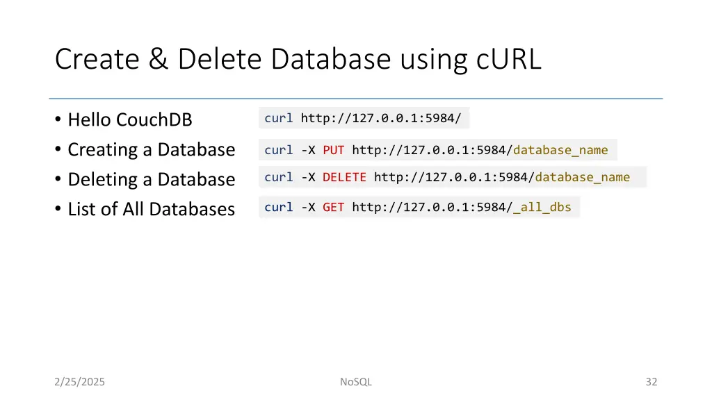 create delete database using curl