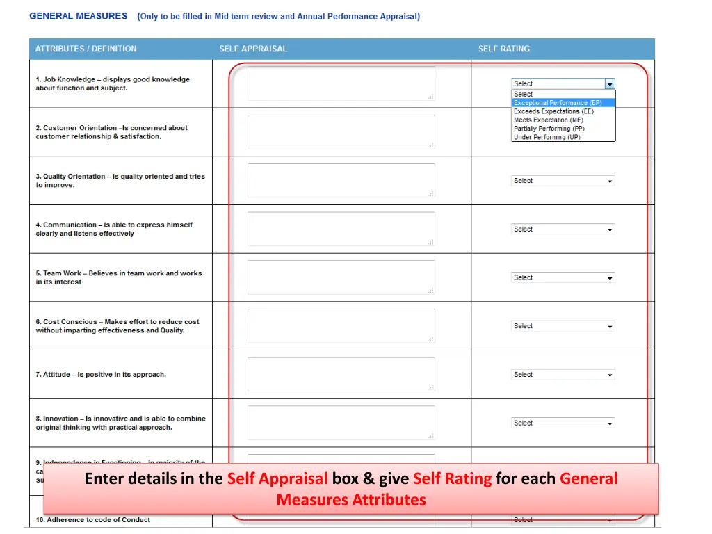 enter details in the self appraisal box give self 1