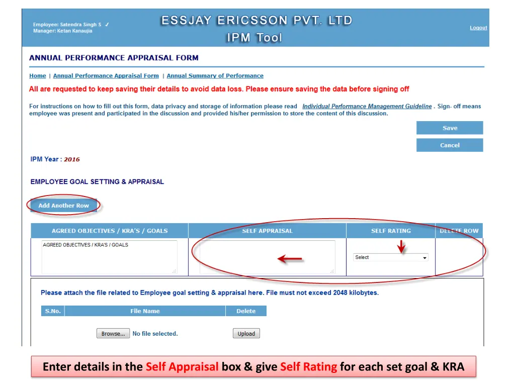 enter details in the self appraisal box give self