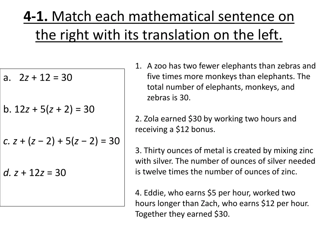 4 1 match each mathematical sentence on the right