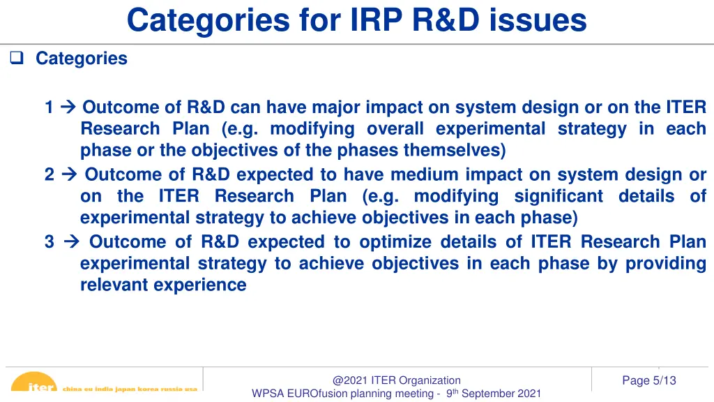 categories for irp r d issues