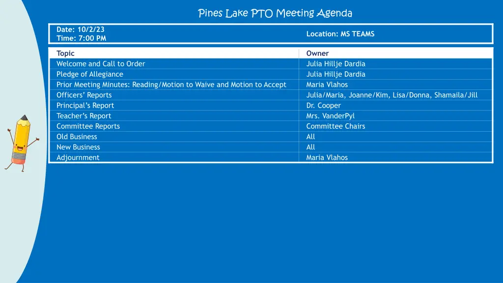 pines lake pto meeting agenda