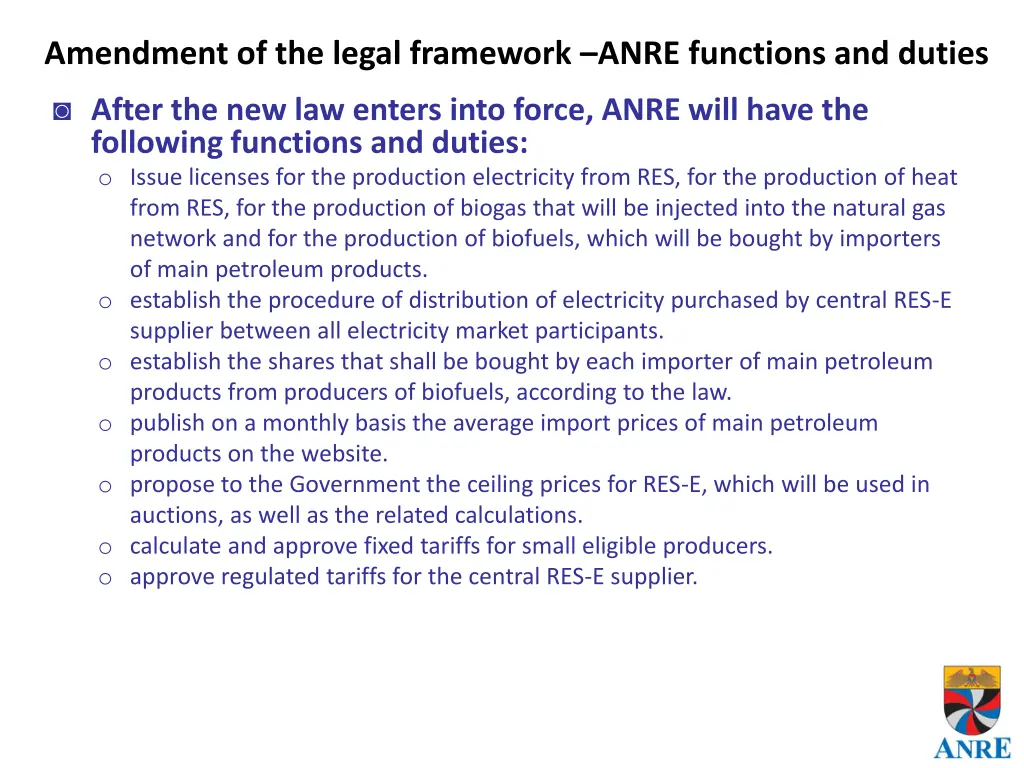 amendment of the legal framework anre functions 1