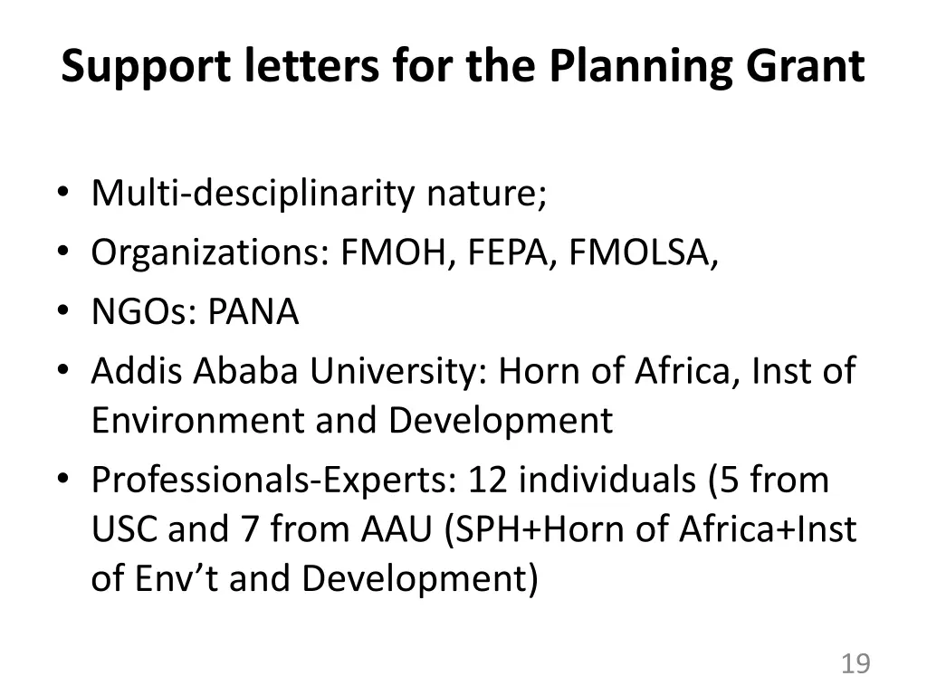 support letters for the planning grant