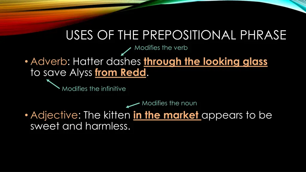 uses of the prepositional phrase modifies the verb