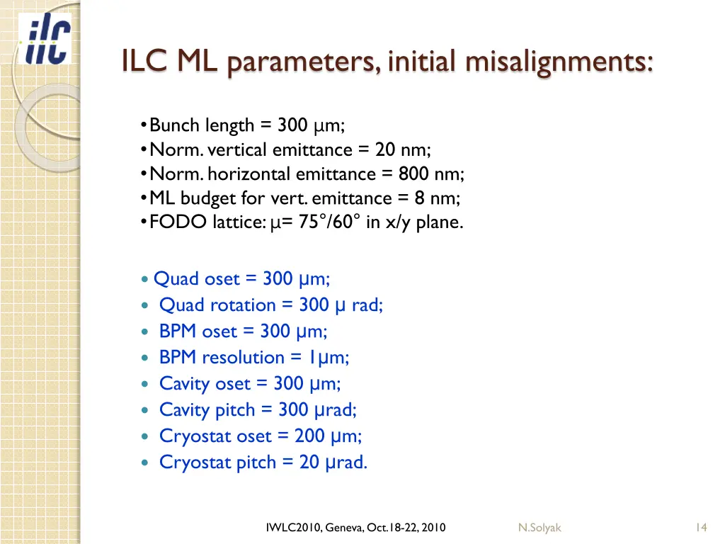 ilc ml parameters initial misalignments