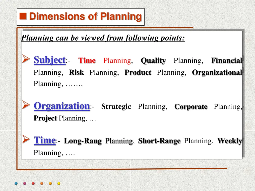 dimensions of planning