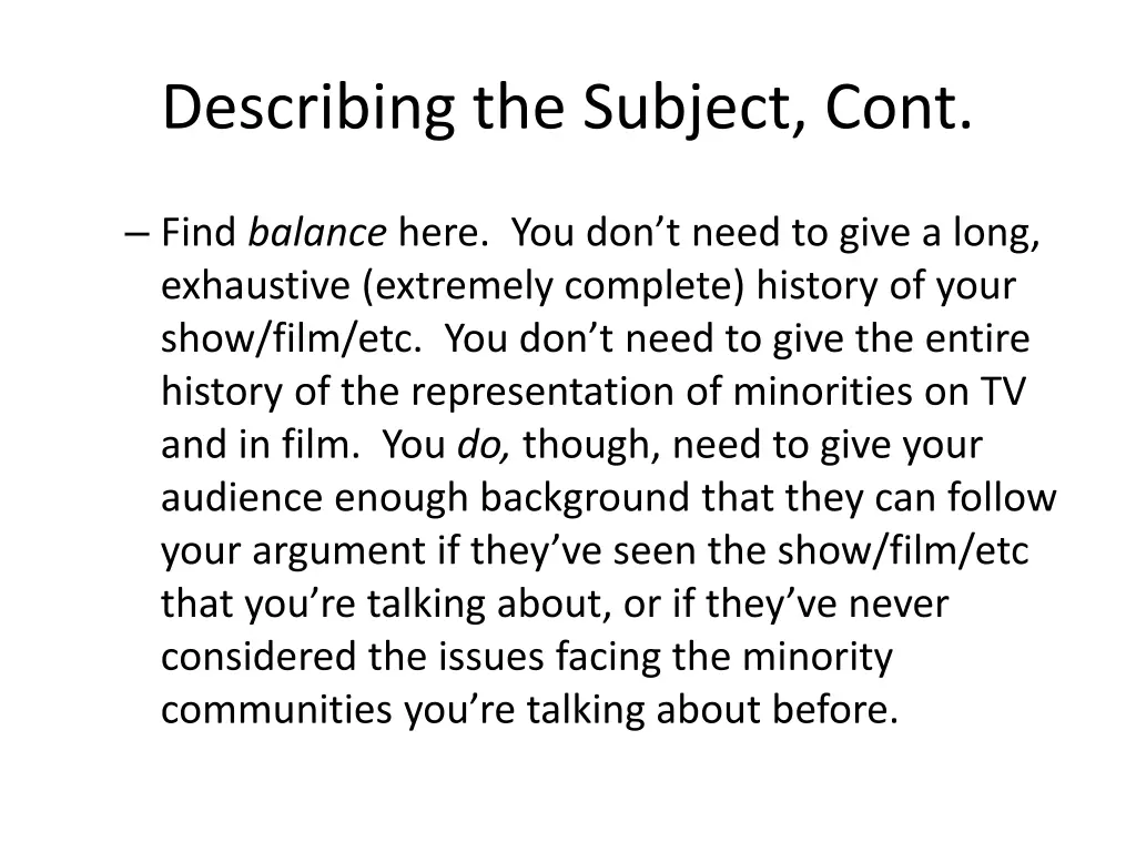describing the subject cont