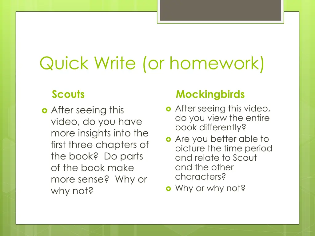 quick write or homework