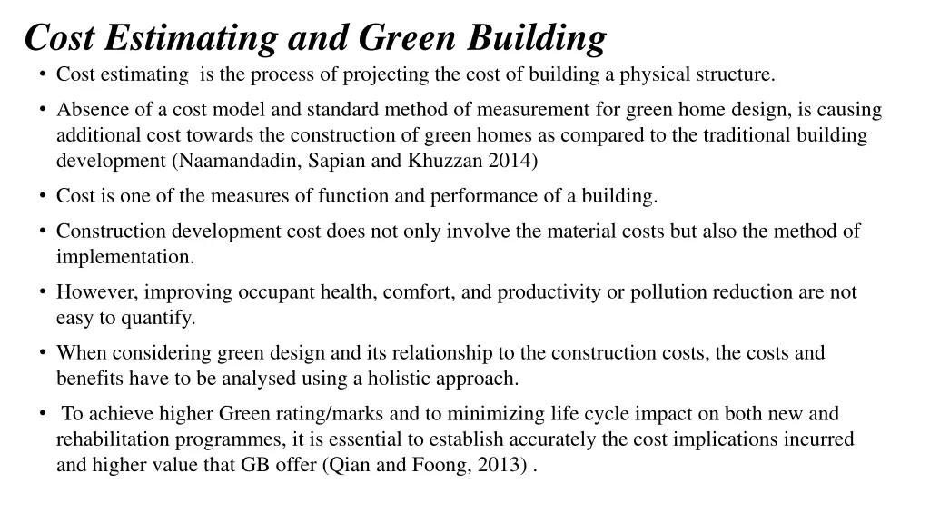 cost estimating and green building cost
