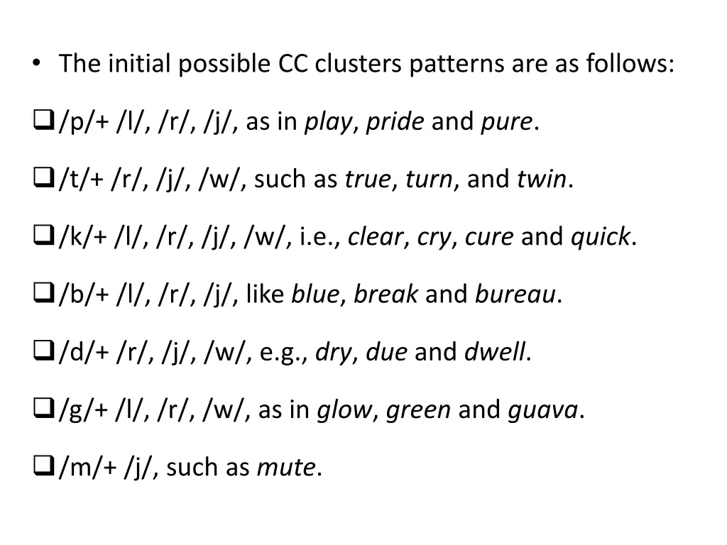 the initial possible cc clusters patterns