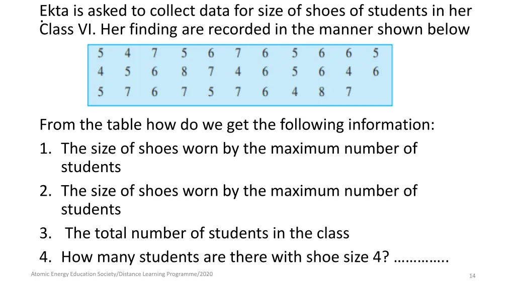 ekta is asked to collect data for size of shoes