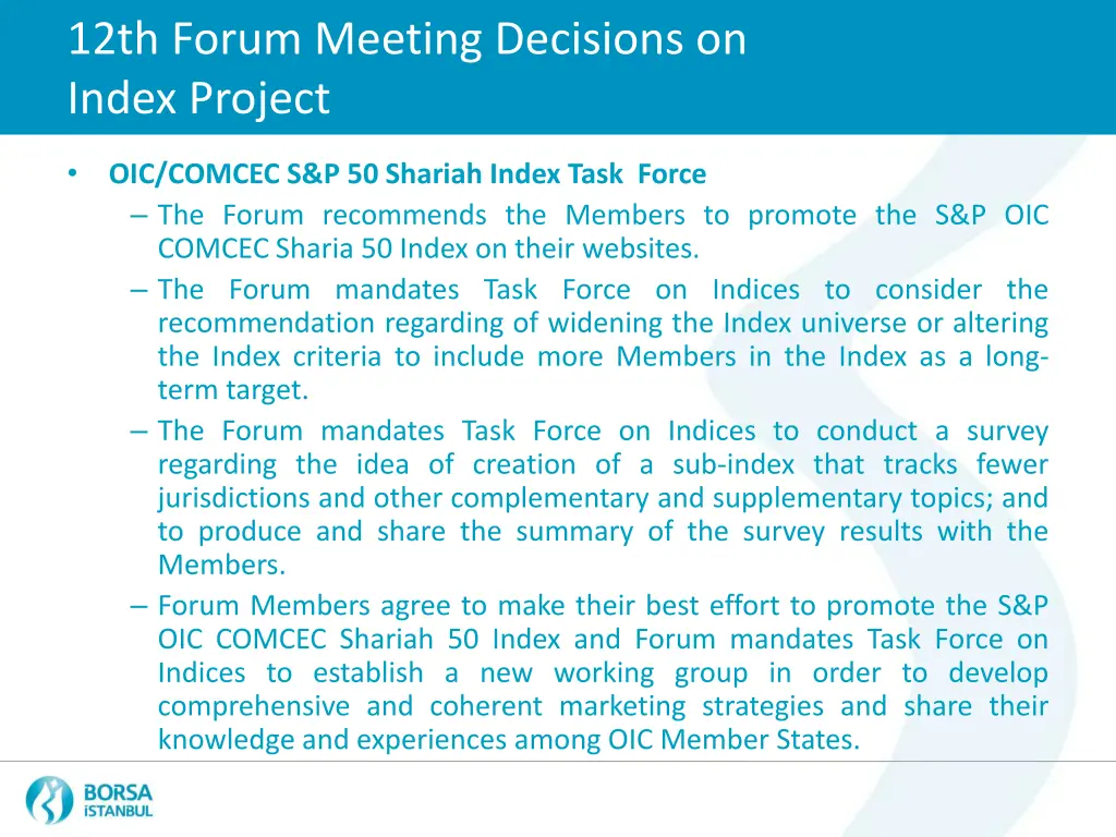 12th forum meeting decisions on index project