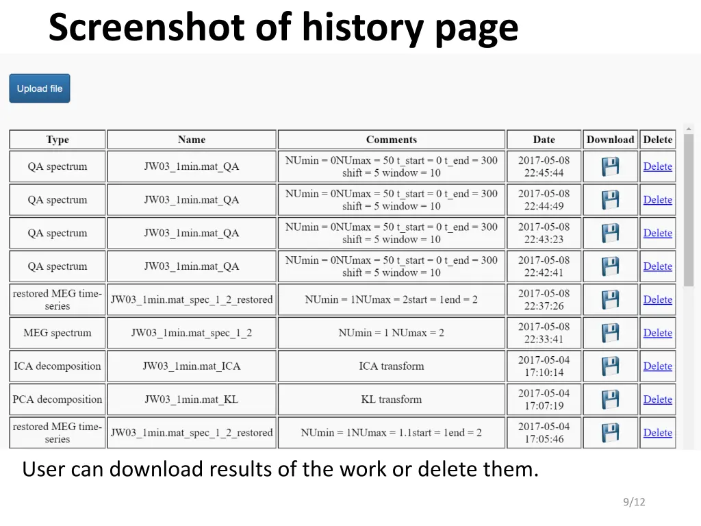 screenshot of history page