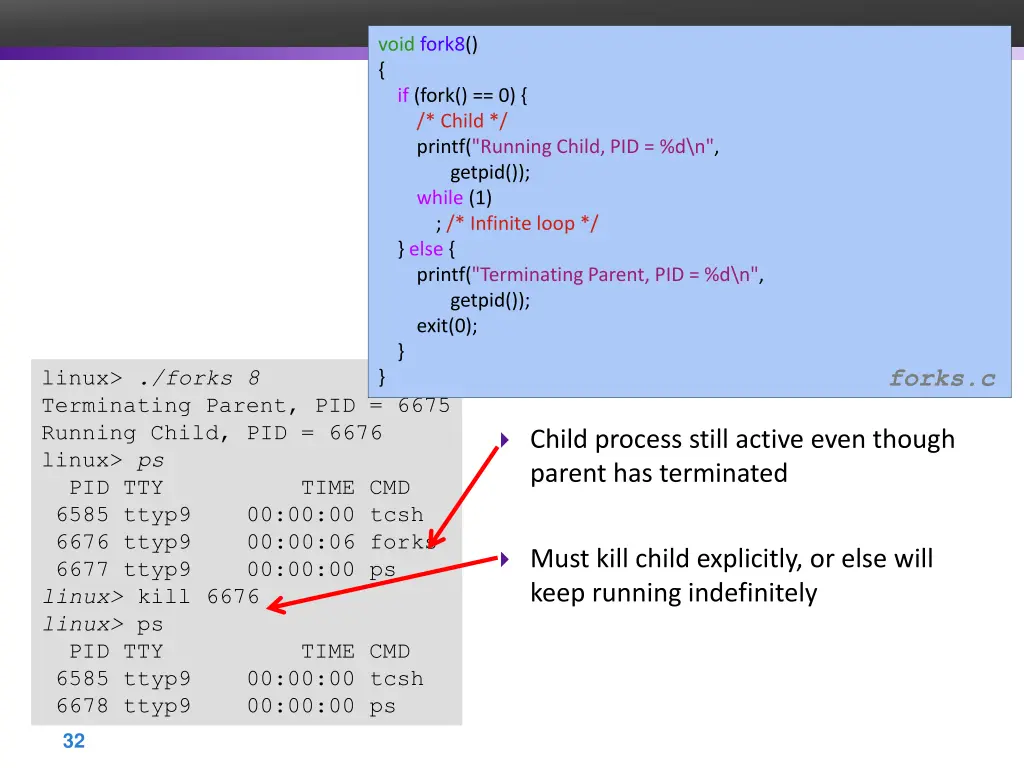void fork8 if fork 0 child printf running child
