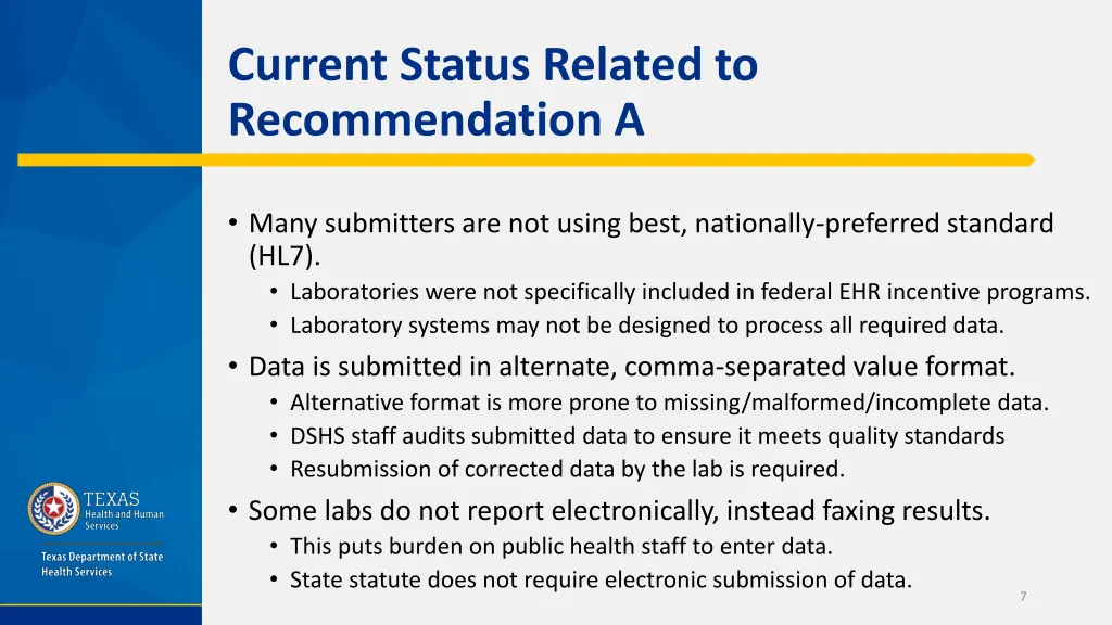 current status related to recommendation a