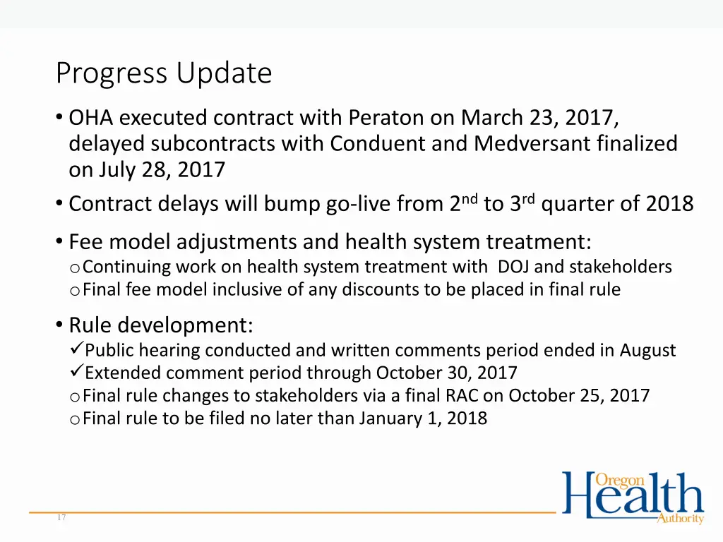 progress update oha executed contract with